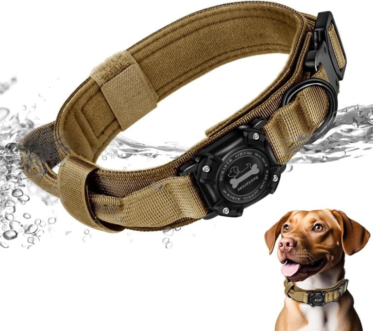 Dog Collar with Airtag Holder, Airtag Dog Collar IP68 Waterproof with Control Handle and Metal Buckle, Military Tactical Air Tag Dog Collar Holder for Medium Large Dogs(Brown, M)