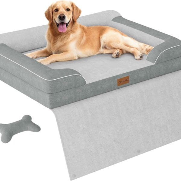 Extra Large Dog Bed, Orthopedic Pet Bed with Cooling Gel Memory Foam, Waterproof XL Dog Bed with Removable Washable Cover, 42" Pet Sofa Couch Dutch Velvet with Blanket Bone Toy, Light Gray