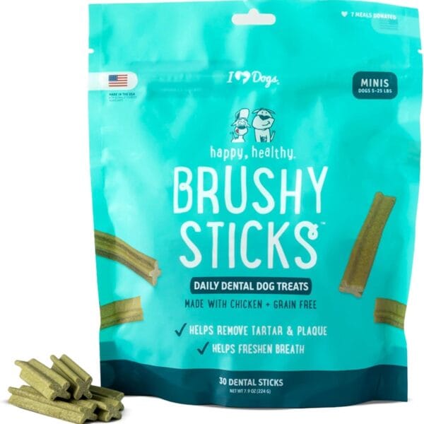 iHeartDogs Brushy Sticks - Dental Treats for Dogs Removes Plaque and Tartar Buildup - Grain-Free Dog Teeth Cleaning Chews Made with Chicken - 30 Mini Sticks