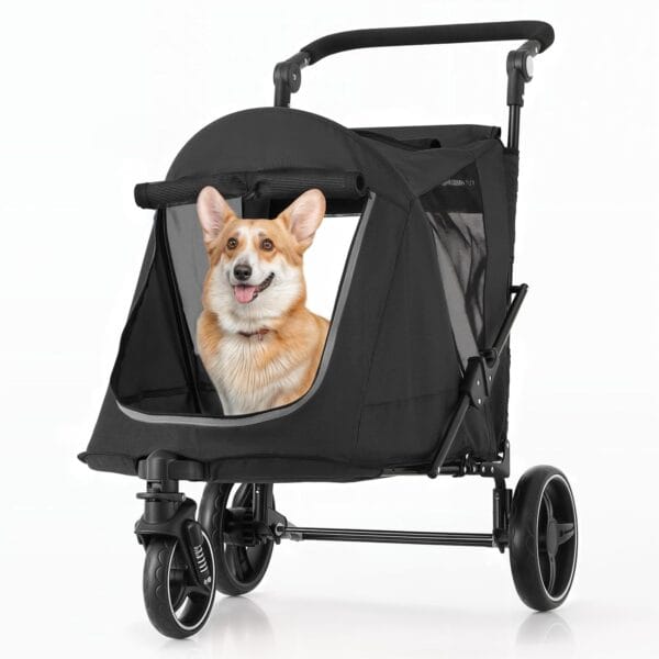 MoNiBloom Pet Stroller for Large Dogs or Multiple Dogs Cats with Adjustable Handle, 3-Wheels Dual Entry Portable Dog Carting Easy Folding Pet Wagon Double Dog Stroller up to 55 lbs, Black