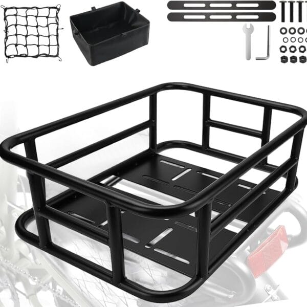 Heavy-Duty Rear Cargo Basket for Bikes & E-Bikes - Includes Waterproof Liner & Adjustable Cargo Net - Universal Fit for Most Bicycles - Perfect for Groceries, Picnic Supplies, and Pet Transport
