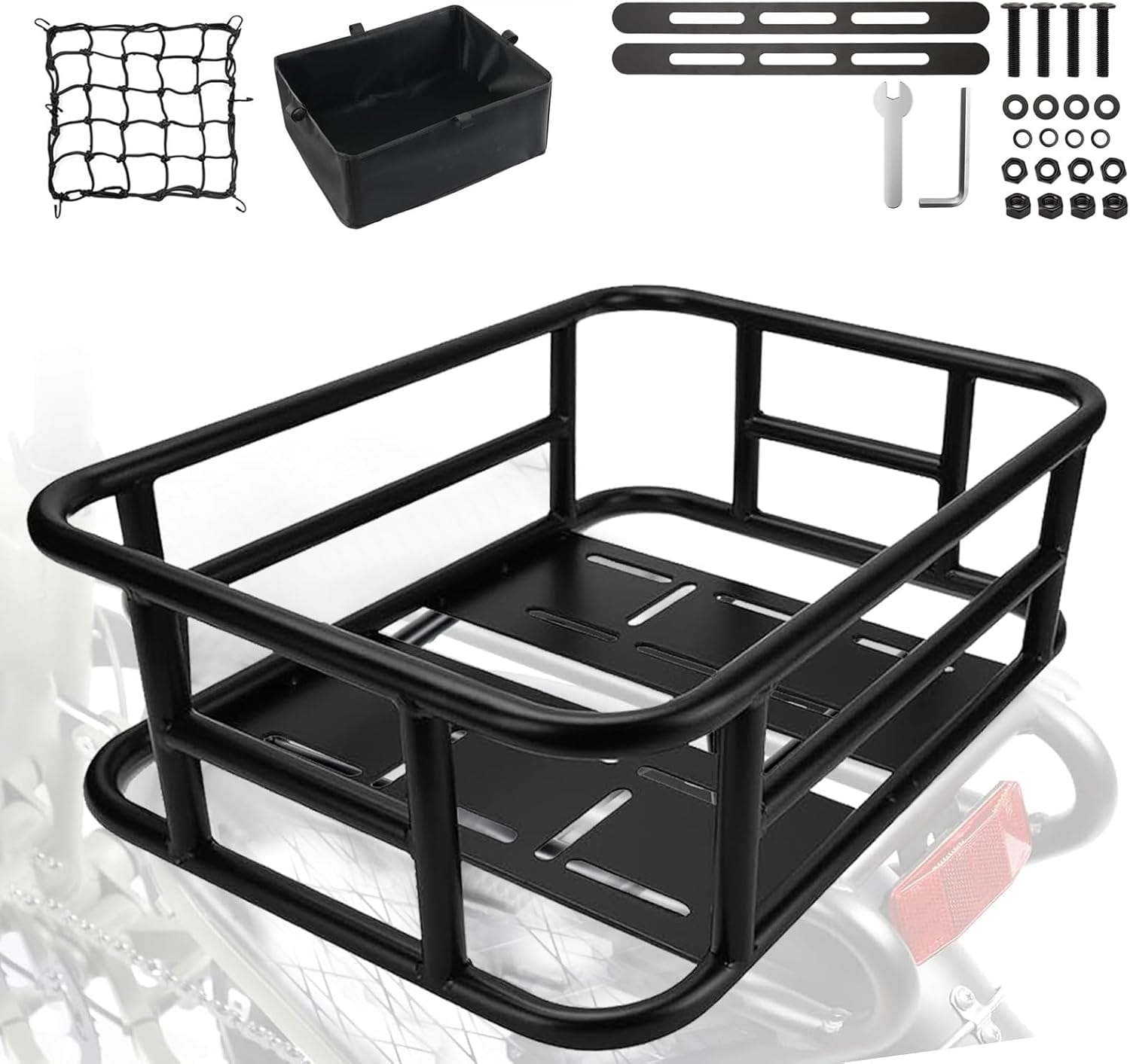 Heavy-Duty Rear Cargo Basket for Bikes & E-Bikes - Includes Waterproof Liner & Adjustable Cargo Net - Universal Fit for Most Bicycles - Perfect for Groceries, Picnic Supplies, and Pet Transport Heavy-Duty Rear Cargo Basket for Bikes & E-Bikes - Includes Waterproof Liner & Adjustable Cargo Net - Universal Fit for Most Bicycles - Perfect for Groceries, Picnic Supplies, and Pet Transport