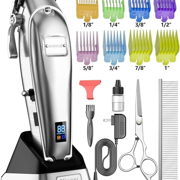 oneisall Dog Grooming Clippers for Thick Heavy Coats,Low Noise Cordless Dog Grooming Kit with Metal Blades, All Stainless Steel, 2 Speeds