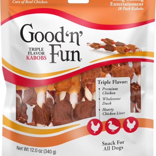 Good n Fun Triple Flavor Kabobs Chews for All Dogs, 18 Count, Treat Your Dog to Chews Made from Beef Hide, Real Chicken, Pork Hide, Duck and Chicken Liver