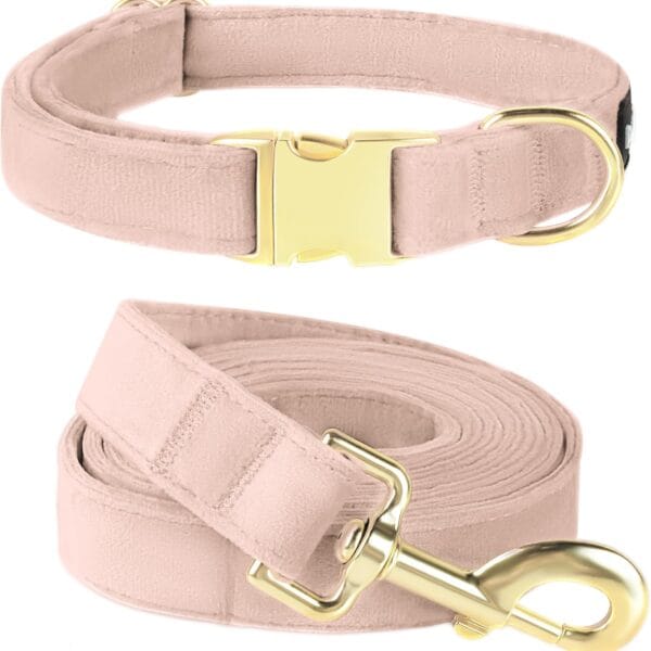 PetiFine Pink Dog Collar and Leash Set, Adjustable Velvet Collar and Leash with Metal Buckle for Small to Large Dogs