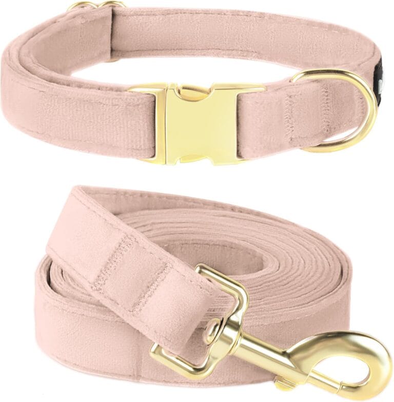 PetiFine Pink Dog Collar and Leash Set, Adjustable Velvet Collar and Leash with Metal Buckle for Small to Large Dogs