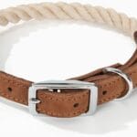 Mile High Life Rope Dog Collar | Durable Braided Cotton Rope Collars | Genuine Leather Dog Collar w Metal Pin Buckle | Classic Puppy Collars for Small Dog (Beige)