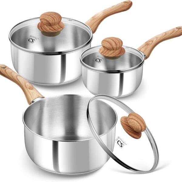 KOCH SYSTEME CS Stainless Steel Saucepan Set, 6 Piece Stainless Steel Pot 1QT & 2QT & 3QT with Heat-resistant Bakelite Handle, Tri-ply Base Pots, Sauce Pan Induction Ready, Pot Set 6PCS