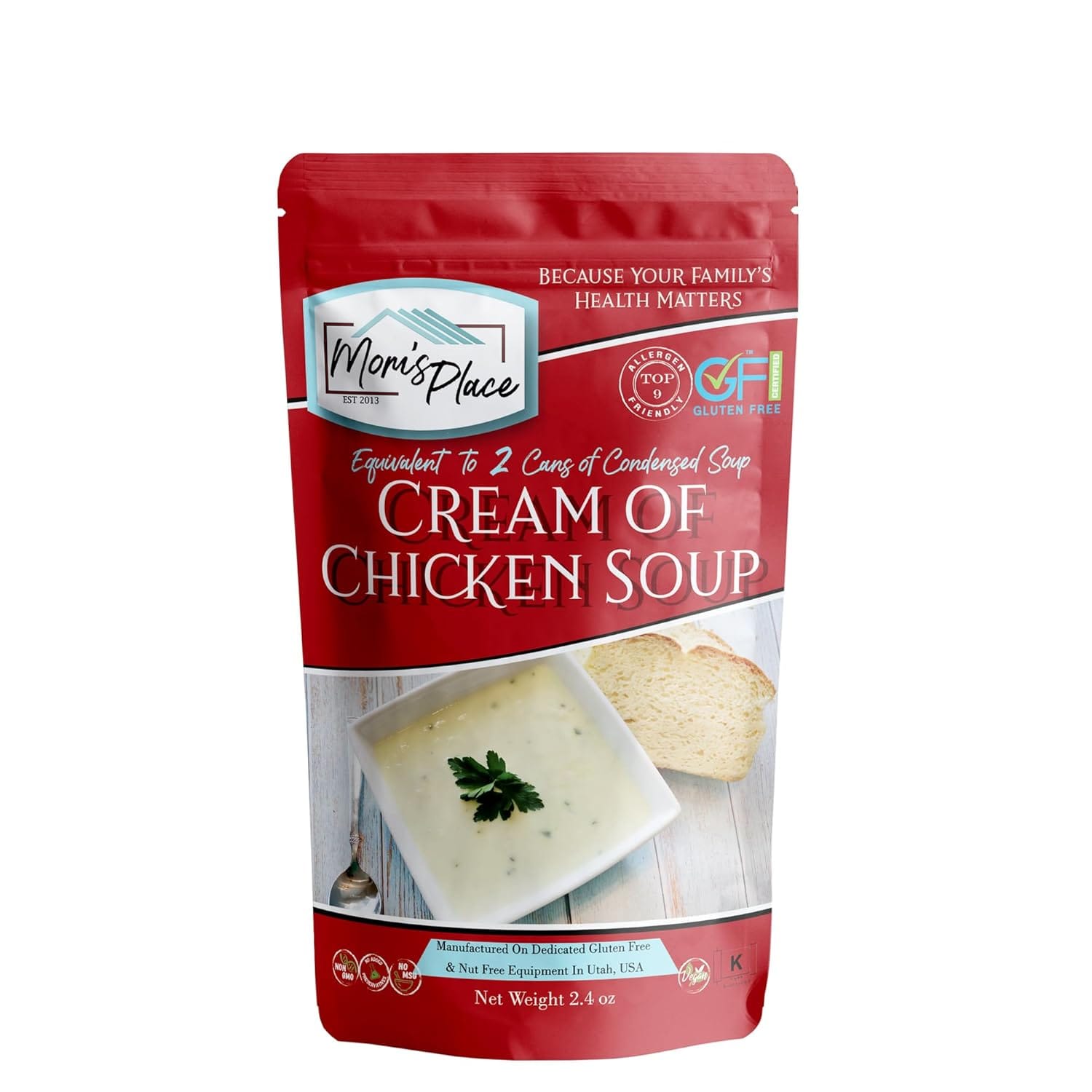 Mom's Place Gluten-Free & Dairy Free Cream of Chicken Soup Mix, Equal to 2 Cans of Condensed Soup, Kosher, Vegan, Nut Free & Soy Free, 2.4 oz. Mom's Place Gluten-Free & Dairy Free Cream of Chicken Soup Mix, Equal to 2 Cans of Condensed Soup, Kosher, Vegan, Nut Free & Soy Free, 2.4 oz.
