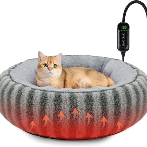 Toove Heated Cat Bed Indoor - Heating Donut Pet Bed for Cats and Small Dogs, Ultra Soft & Cozy Sleeping Cat Beds, Machine Washable, Safe Warming with Timer and Temperature Control, 20''x20''x6'' Small
