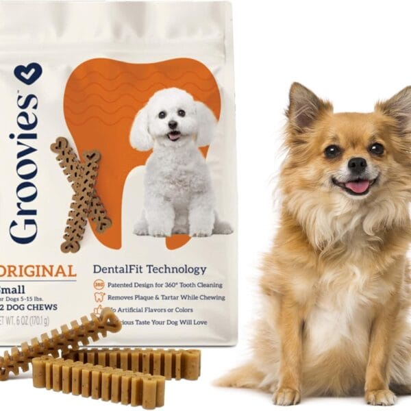 Groovies Flexible, Yet Moderately Tough Daily Dog Dental Chews. Powered by USA-Patented DentalFit Technology. No Added Gluten, No Artificial Flavors or Colors. Original 6oz (Small 22Chews)