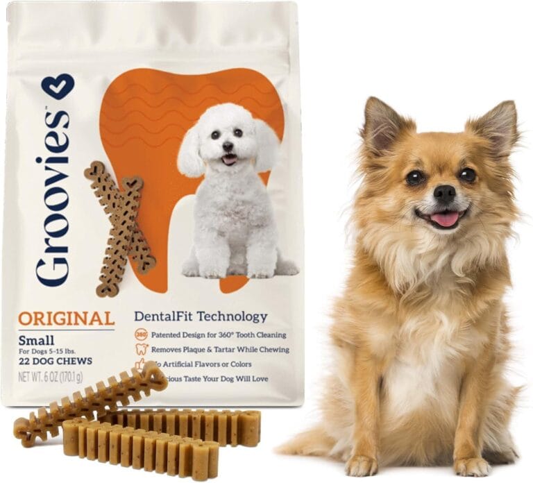 Groovies Flexible, Yet Moderately Tough Daily Dog Dental Chews. Powered by USA-Patented DentalFit Technology. No Added Gluten, No Artificial Flavors or Colors. Original 6oz (Small 22Chews)