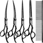 Dog Grooming Scissors,Black with Safety Round Tips,5 in 1 Curved Dog Scissors for Grooming,Professional Pet Grooming Shears Set for Dogs and Cats