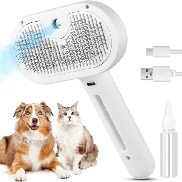 3 in 1 Cat Steam Brush, Pet Steam Brush for Cat Dog Long Short Haired, Pet Spray Hair Removal Comb for Small Animals Shedding & Grooming, Water Mist Spray Brushes with Release Button(White)