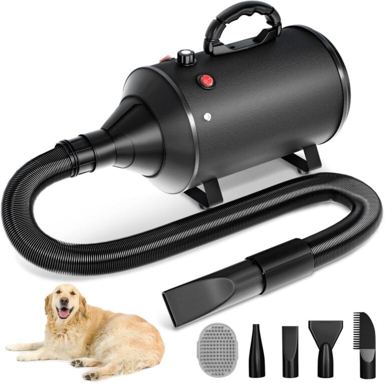 High Velocity Blow Dryer For Dogs, 5.2HP/ 3800W Dog Hair Dryer Speed Temperature AdjustableDog Blow Dryer with Thickened Handle,Low Noise Dog Blower Grooming Dryer4 Nozzles ,1 Massage Brush,Black