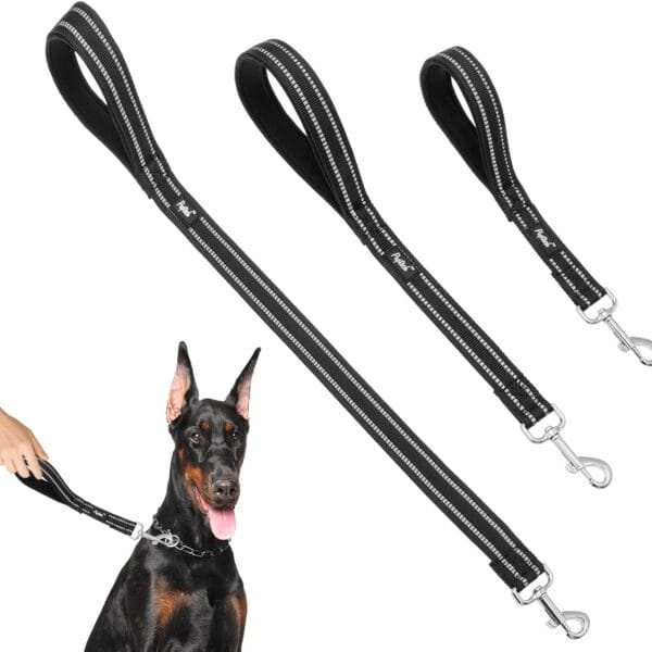 PUPTECK Reflective Short Dog Leashes - 3 Packs 2.5ft/ 1.5ft/ 1ft Nylon Leash with Strong Clip, Soft Padded Handle, Durable Training Leash for Large Small Medium Dogs Walking Outside, Black