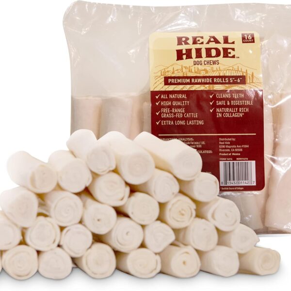 | All Natural Dog Chew Treats - Premium Rawhide Rolls, 5-6 Inch - Long Lasting Grass Fed Free Range Beef Hide - Small/Medium Dogs - 16 Count