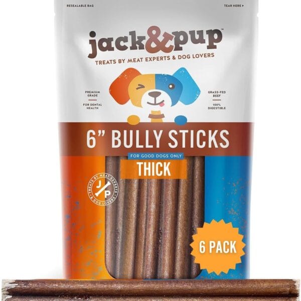 Jack&Pup 6-inch Premium Grade Odor Free Bully Sticks Dog Treats [Thick-Size]  6 Long All Natural Gourmet Dog Treat Chews  Fresh and Savory Beef Flavor - (6 Pack)