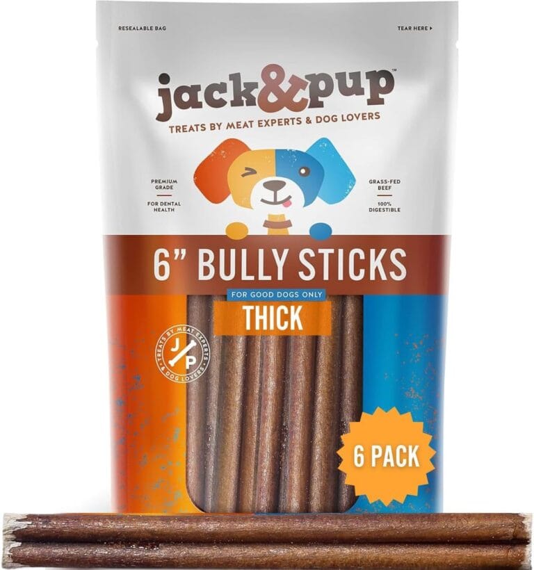 Jack&Pup 6-inch Premium Grade Odor Free Bully Sticks Dog Treats [Thick-Size]  6 Long All Natural Gourmet Dog Treat Chews  Fresh and Savory Beef Flavor - (6 Pack)