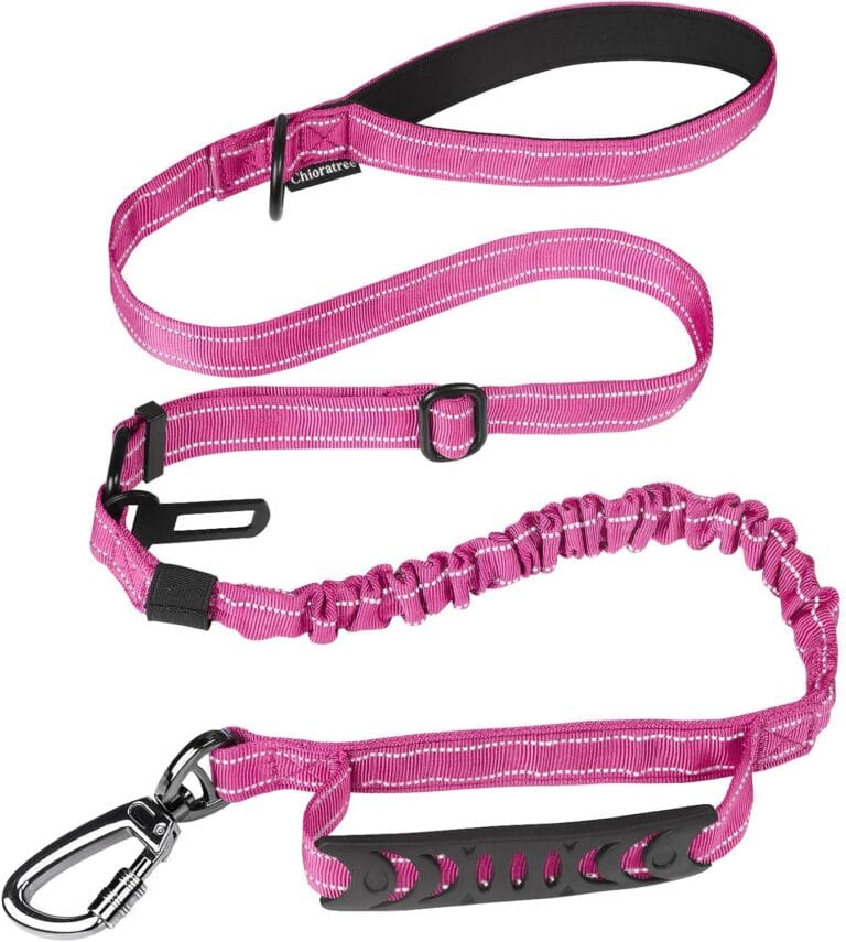 Heavy Duty Dog Leash for Medium Large Dogs That Pull,4-6FT Shock Absorbing Bungee Tactical Dog Leash with Control Padded Handle and Car Seatbelt, Reflective Lead for Walking Training,Pink
