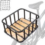 CXWXC Rear Bike Basket - Large Bicycle Rear Basket with Cargo Net and Waterproof Cover, Wooden Base Baskets Rear Large Capacity