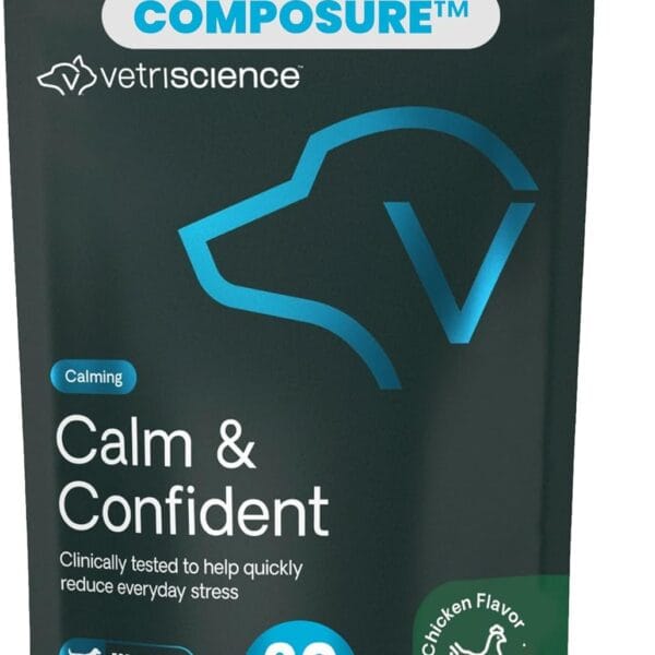 VetriScience Calm & Confident Chews, Composure Clinically Tested Calming and Anxiety Supplement for Dogs, Reduce Stress and Fear, Ideal for Thunderstorms, Fireworks and Travel, Chicken, 60 Count