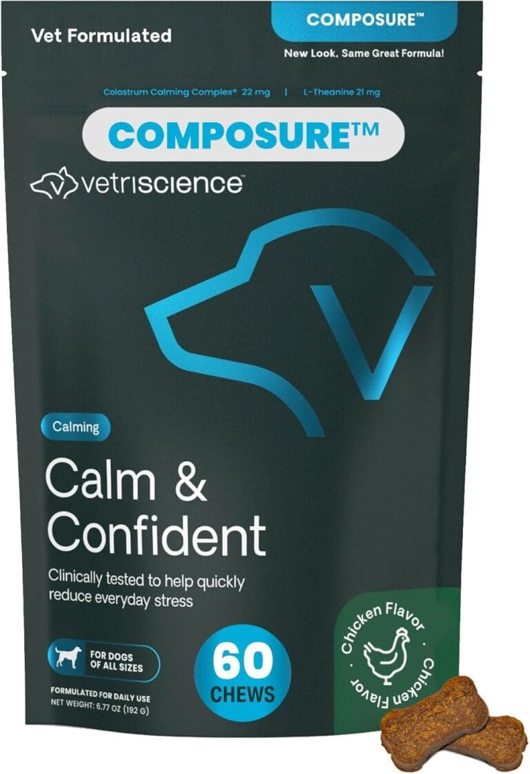 VetriScience Calm & Confident Chews, Composure Clinically Tested Calming and Anxiety Supplement for Dogs, Reduce Stress and Fear, Ideal for Thunderstorms, Fireworks and Travel, Chicken, 60 Count