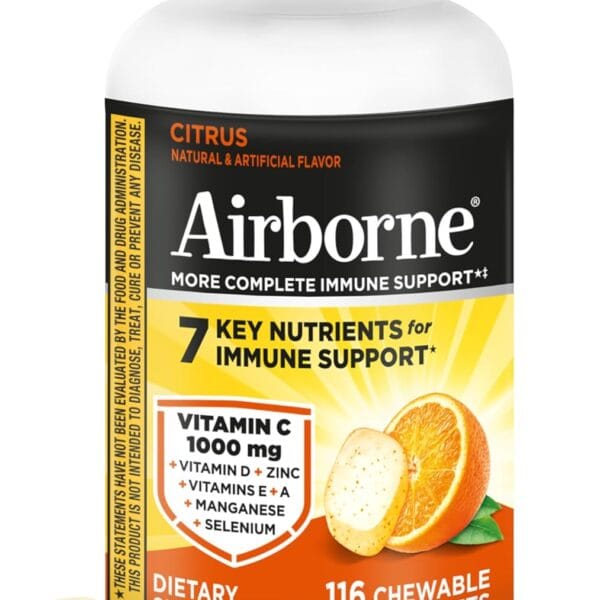 Airborne Vitamin C 1000mg (per Serving) - Citrus Chewable Tablets (116 Count in a Bottle), Gluten-Free Immune Support Supplement, with Vitamins A C E, Zinc, Selenium, Echinacea, Ginger, Antioxidants