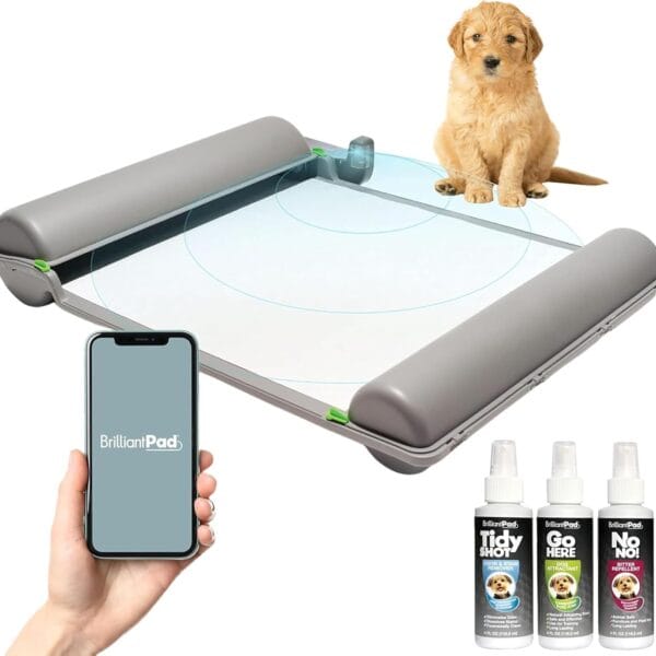 BrilliantPad Smart Indoor Dog Potty for Small Pets | Self Cleaning with Odor Control, AI Health Monitoring, Puppy Training Alternative to Grass Turf | Includes 1 Absorbent Pad Roll & 3 Training Sprays