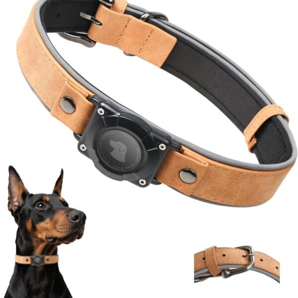 Leather AirTag Dog Collar - IPX8 Waterproof Dog Collar with AirTag Holder|Reflective, High - End, Adjustable Soft Padded |Dog GPS Collar Tracker Fit for Medium Large Dogs (Light Brown, L)