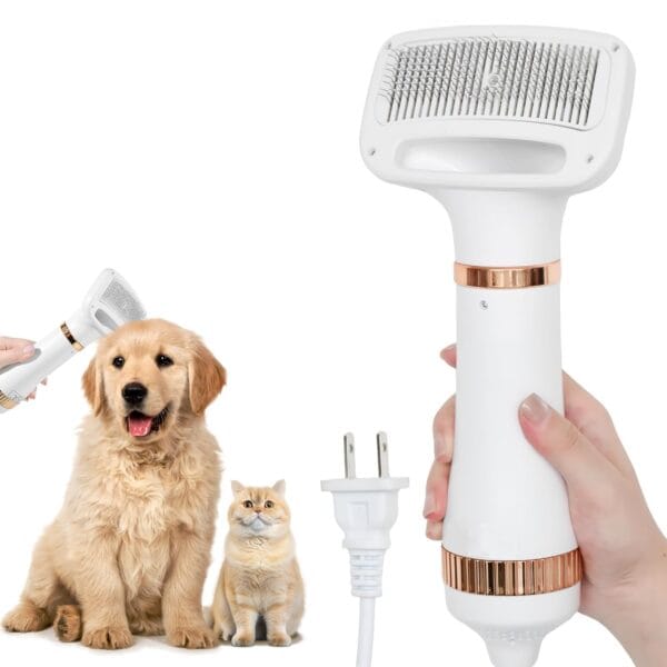 2-in-1 Dog Blow Dryer with Grooming Brush, 3-Speed Adjustable Pet Hair Dryer for Home/Salon, Low Noise High Velocity Blow Dryer for Dog, 300 Watts, Overheat Protection, Portable