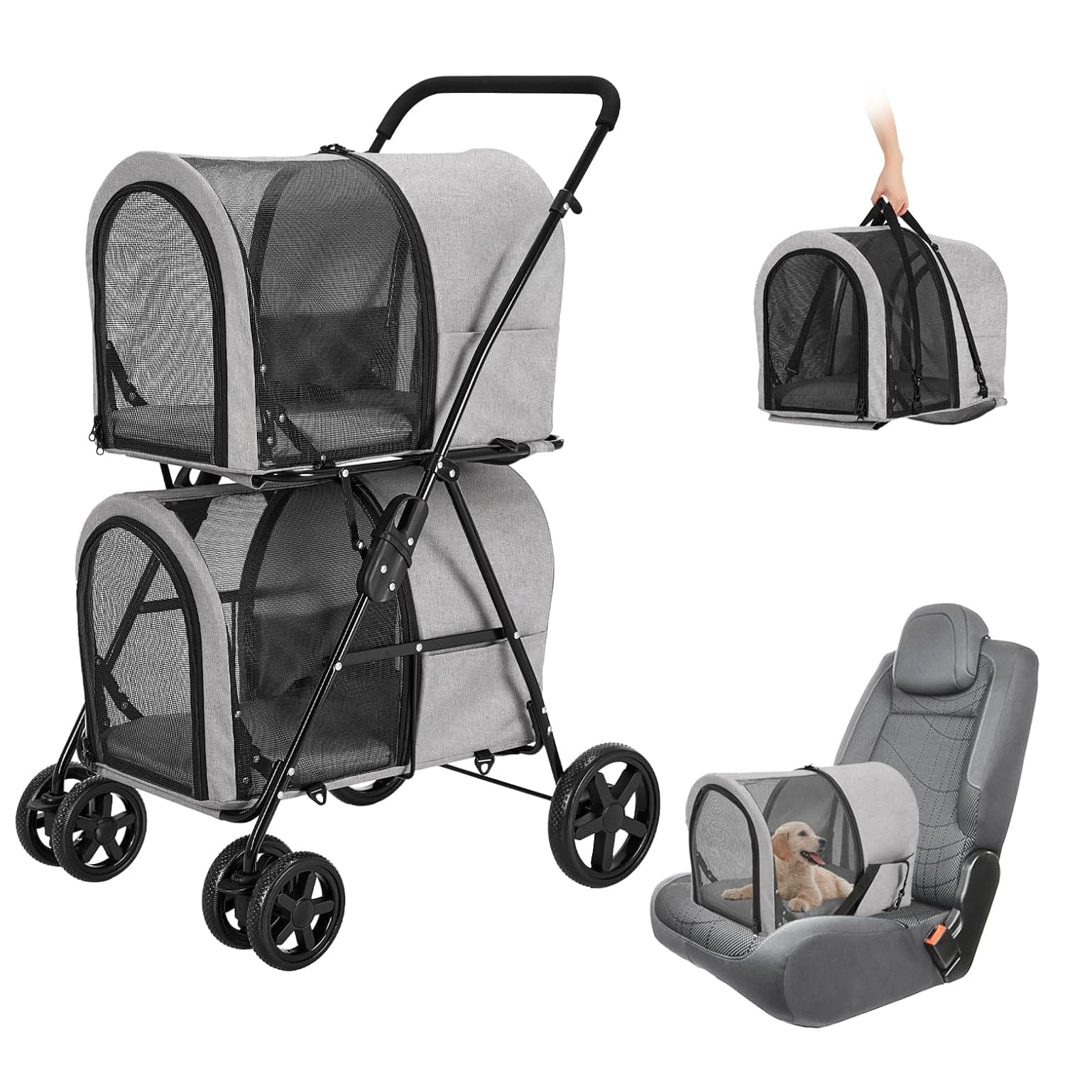 Double Pet Stroller for Dogs and Cats with 2 Detachable Carrier, Quick-Folding Dog Stroller for Medium Small Dogs Cats, 4 Wheels, Light Gray Double Pet Stroller for Dogs and Cats with 2 Detachable Carrier, Quick-Folding Dog Stroller for Medium Small Dogs Cats, 4 Wheels, Light Gray