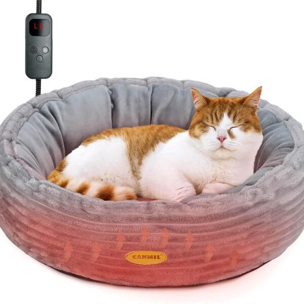 Heated Cat Bed for Indoor Cats, 20 Electric Cat Heated Bed Pet Warming Bed for Cats and Small Dogs, Washable Calming Round Donut Pet Bed with Heating Pad, Indoor Use