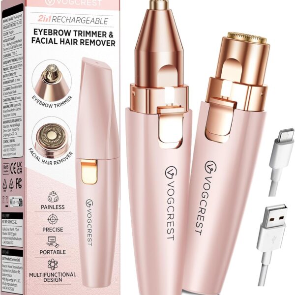 VG VOGCREST Eyebrow Facial Trimmer: 2 in1 Rechargeable Facial Hair Removal and Eyebrow Shaver - Face Lips Body Painless Facial Razor with Built-in LED Light (Pink)