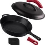 Cuisinel Cast Iron Skillet with Lid - 12"-inch Pre-Seasoned Covered Frying Pan Set + Silicone Handle & Lid Holders + Scraper/Cleaner - Indoor/Outdoor, Oven, Stovetop, Camping Fire, Grill Safe Cookware