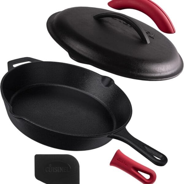 Cuisinel Cast Iron Skillet with Lid - 12"-inch Pre-Seasoned Covered Frying Pan Set + Silicone Handle & Lid Holders + Scraper/Cleaner - Indoor/Outdoor, Oven, Stovetop, Camping Fire, Grill Safe Cookware