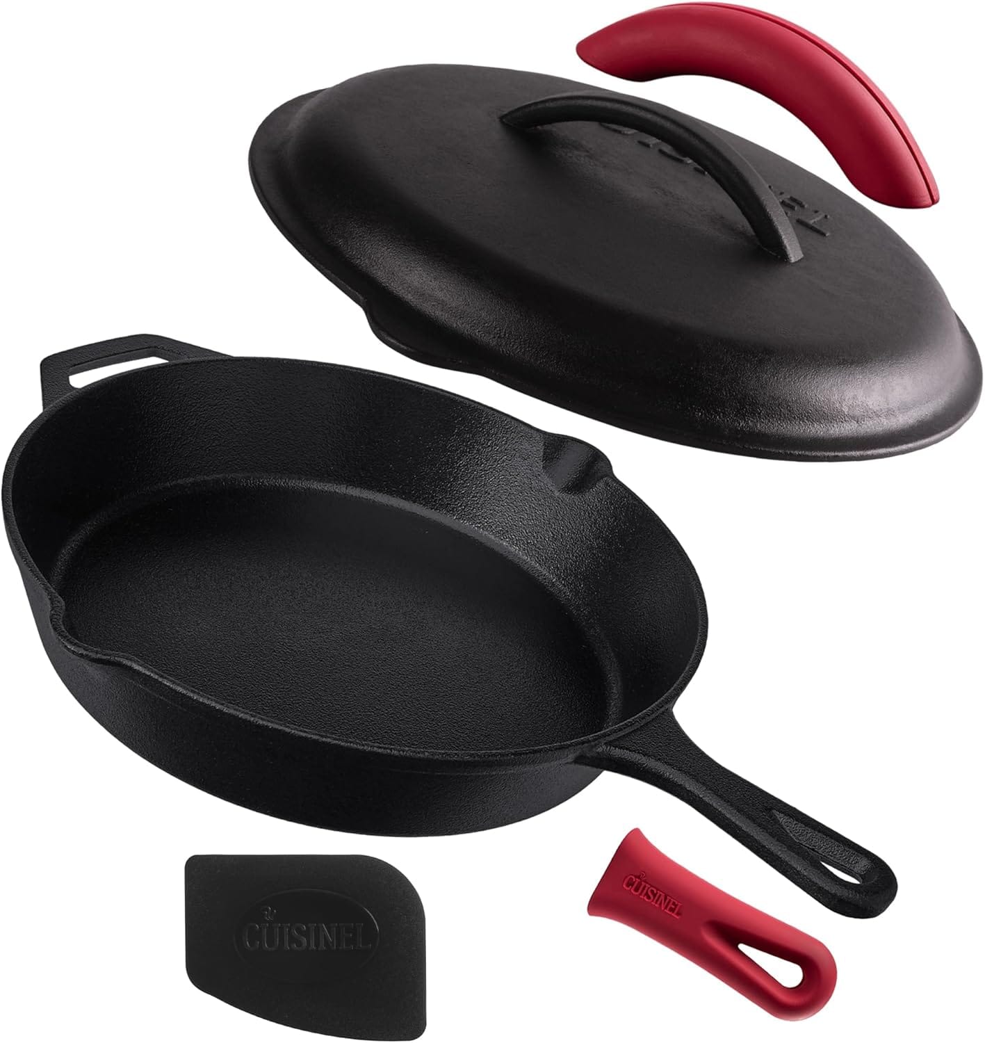 Cuisinel Cast Iron Skillet with Lid - 12"-inch Pre-Seasoned Covered Frying Pan Set + Silicone Handle & Lid Holders + Scraper/Cleaner - Indoor/Outdoor, Oven, Stovetop, Camping Fire, Grill Safe Cookware Cuisinel Cast Iron Skillet with Lid - 12"-inch Pre-Seasoned Covered Frying Pan Set + Silicone Handle & Lid Holders + Scraper/Cleaner - Indoor/Outdoor, Oven, Stovetop, Camping Fire, Grill Safe Cookware