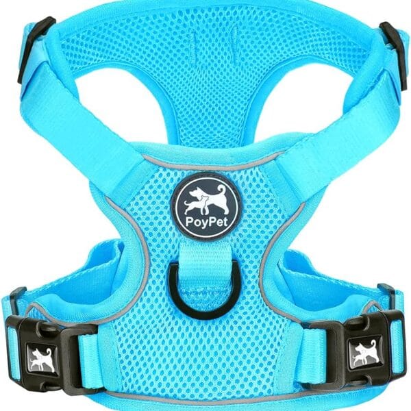 PoyPet Reflective Soft Breathable Mesh Dog Harness No Choke Double Padded Vest Adjustable(Light Blue,M)