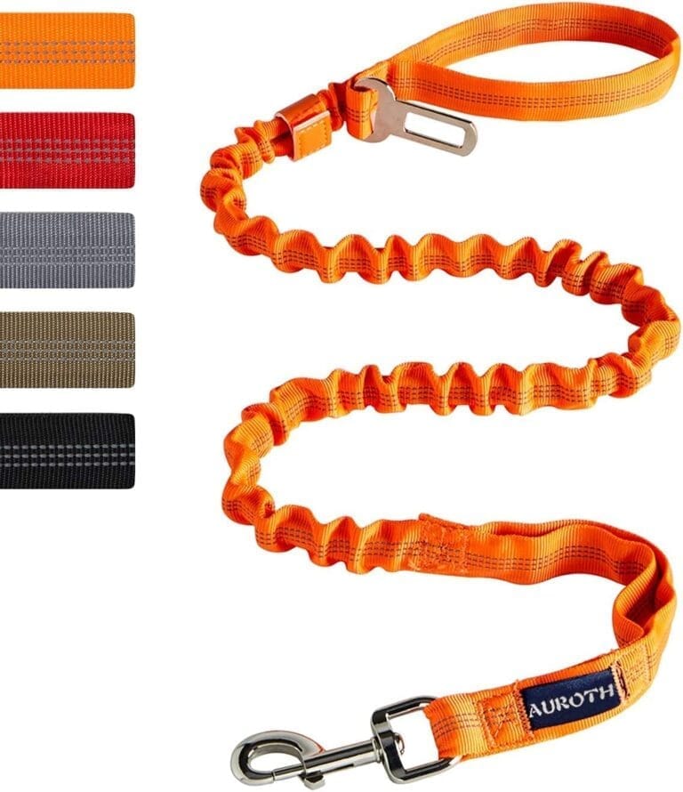 AUROTH Heavy Duty Bungee Dog Leash for Large Breed Dogs, No Pull for Shock Absorption with Car Seat Belt, 2 Padded Handles 4.5Foot 6Foot Training Dog Leash Orange