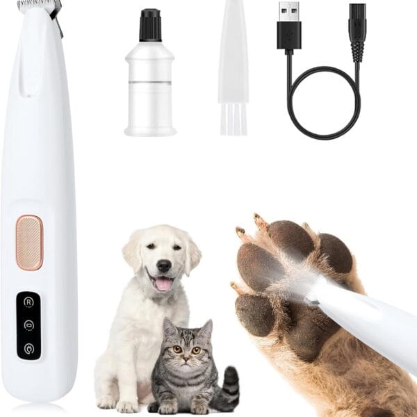 Paw Trimmer, Upgrade Multifunctional Pet Hair Clippers Waterproof Rechargeable Pet Shaver with LED Light, Pet Paw Trimmer for Paws Eyes Ears Face Rump (1PC), White