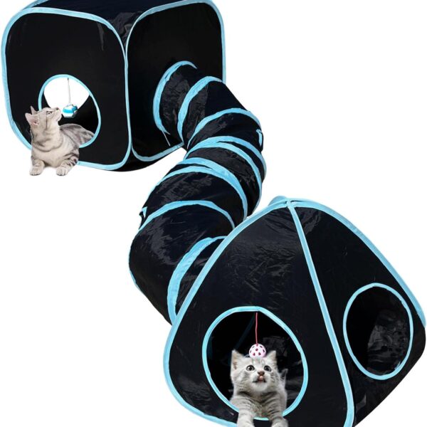 Cat Tunnels for Indoor Cats with Cube Tent Toys Combo, Pop Up Collapsible Crinkle Interactive Peek Hole, Cat Tube with Play Ball and Bell for Kitten, Puppy, Kitty, Rabbit - Set of 3