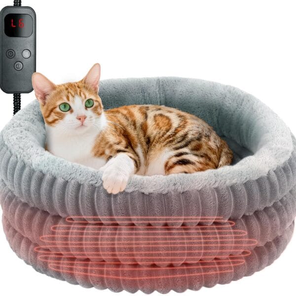 Heated Cat Bed Indoor, 20" Round Donut Deep Sleep Calming Heated Pet Beds for Cats and Small Dogs, Comfort Electric Thermal Cat Warming Bed with Adjustable Heating Pad, Washable and Indoor Use