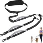 Hands Free Dog Leash, Waist Leash for 2 Dogs, Adjustable Double Hands Free Lead with Detachable Waist Belt, Padded Handles, Shock Absorbing Bungee for Walking Jogging Hiking, Black+Gray