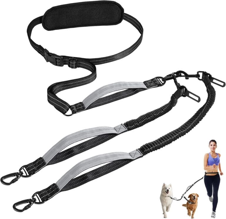 Hands Free Dog Leash, Waist Leash for 2 Dogs, Adjustable Double Hands Free Lead with Detachable Waist Belt, Padded Handles, Shock Absorbing Bungee for Walking Jogging Hiking, Black+Gray