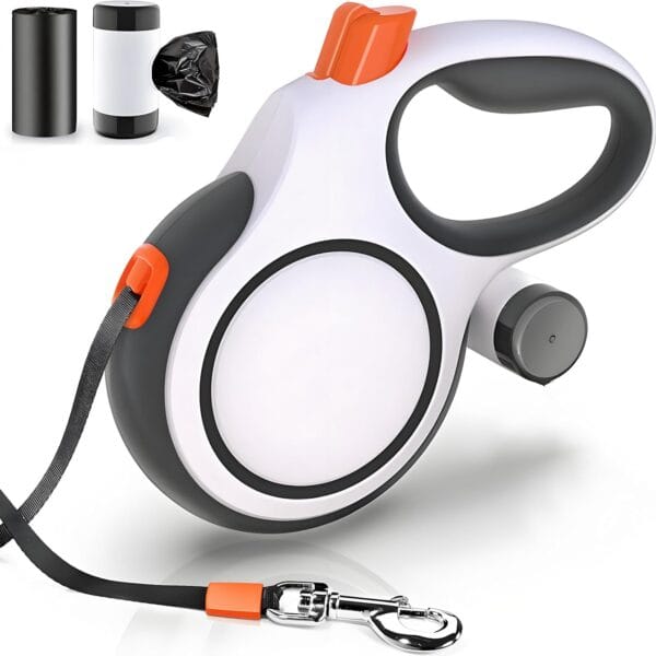 26ft Retractable Dog Leash with Poop Bag Dispenser - Upgraded Lock System, Non-Slip Grip, Tangle-Free Design for Large & Medium Dogs - Perfect for Walking, Running, and Outdoor Training (White)