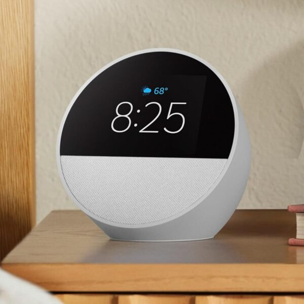 Amazon Echo Spot (newest model), Great for nightstands, offices and kitchens, Smart alarm clock with Alexa, Glacier White