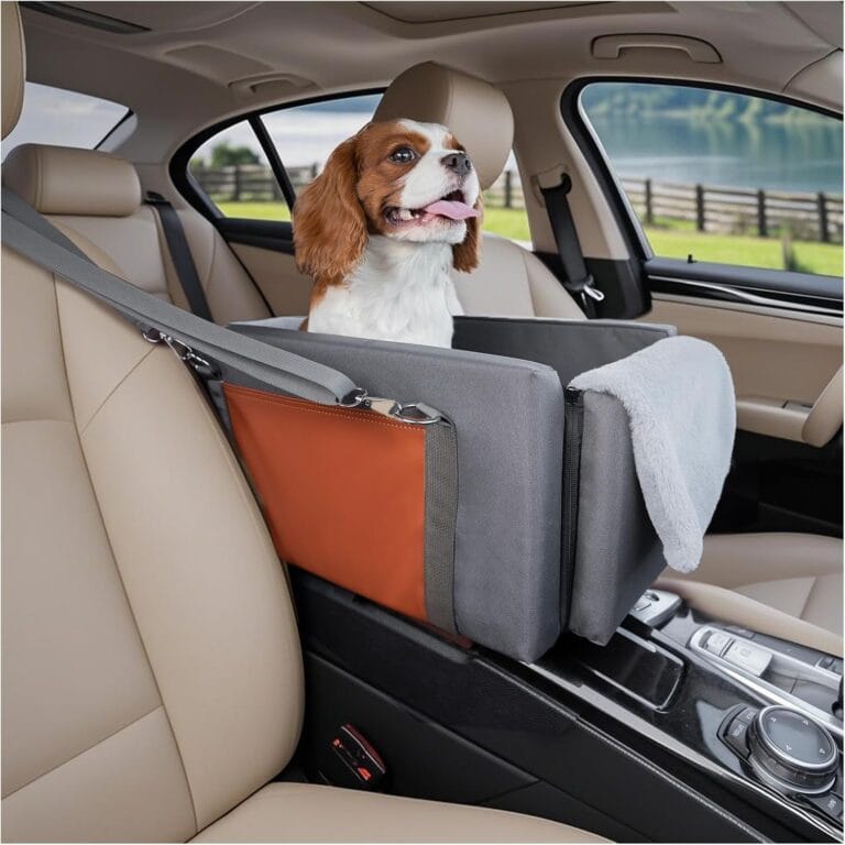Avont Center Console Dog Car Seat with Double Protection Seat Belts, Armrest Middle Console Booster Travel Carrier for Small Dogs Cats with Storage Pockets, Well-Cushioned, Anti-Anxiety -Dark Grey