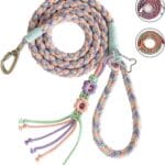 KUDOS Braided Cotton Dog Leash  Locking Buckle & Comfy Grip, Handwoven Rope in Pink Green Purple, 5.2ft Leash with Floral Detail for Small to Large Dogs, Spring Style