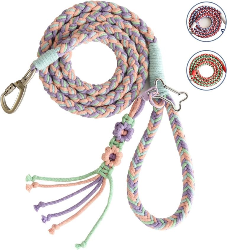 KUDOS Braided Cotton Dog Leash  Locking Buckle & Comfy Grip, Handwoven Rope in Pink Green Purple, 5.2ft Leash with Floral Detail for Small to Large Dogs, Spring Style