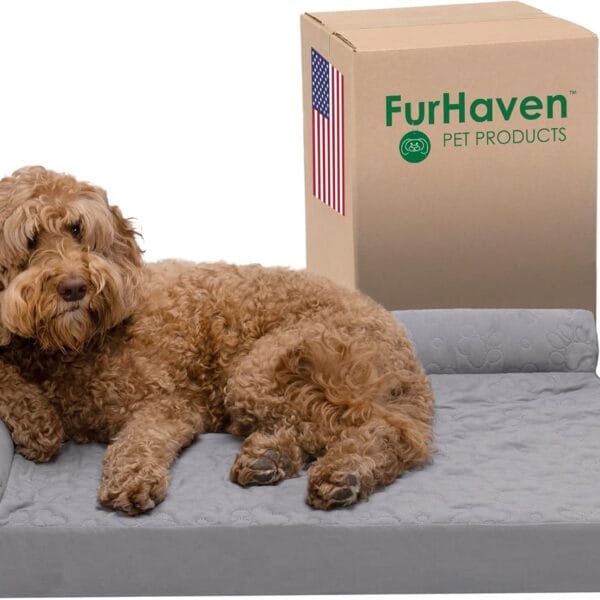 Furhaven Orthopedic Dog Bed for Large/Medium Dogs w/ Removable Bolsters & Washable Cover, For Dogs Up to 55 lbs - Pinsonic Quilted Paw L Shaped Chaise - Titanium, Large